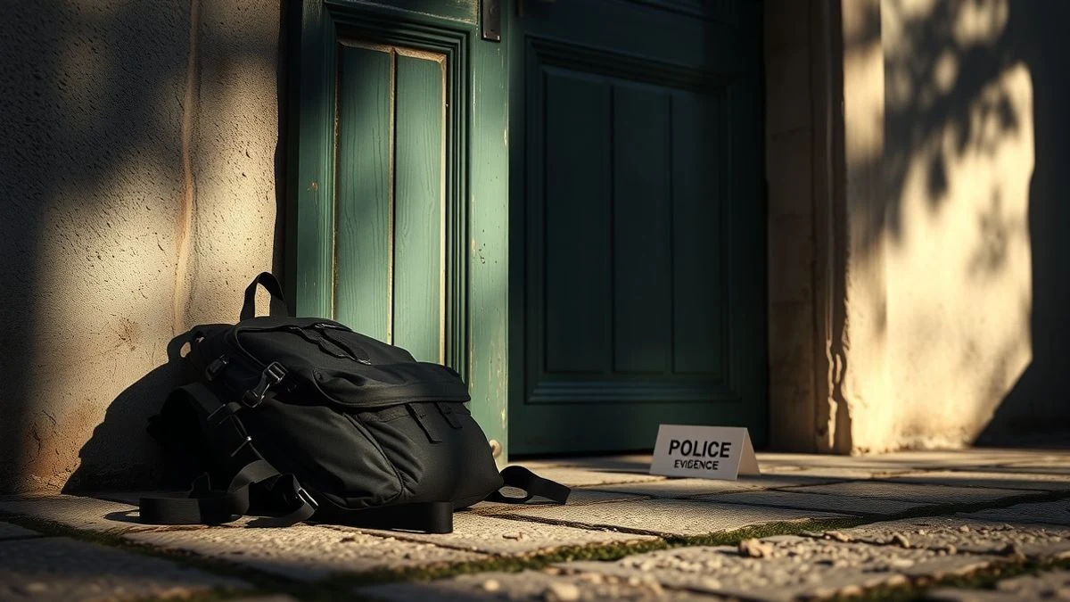 Mochila en el suelo junto a una puerta forzada y una señal policial de evidencia