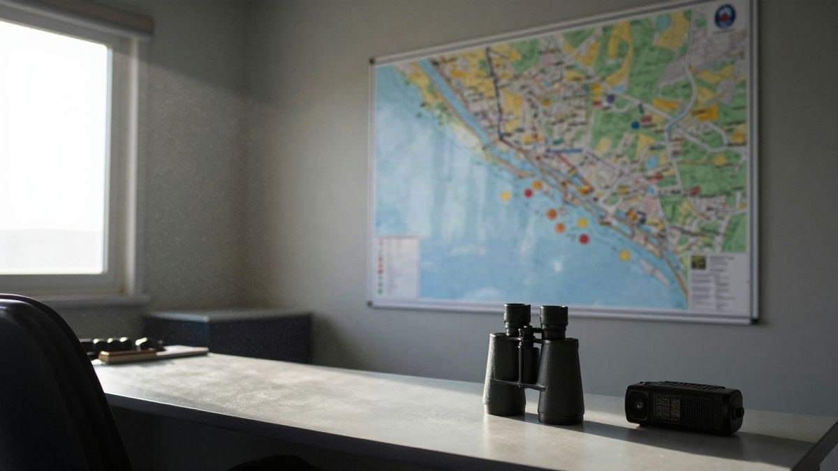 Imagen ilustrativa: sala de control costera vacía con mapa en la pared y luz de ventana lateral