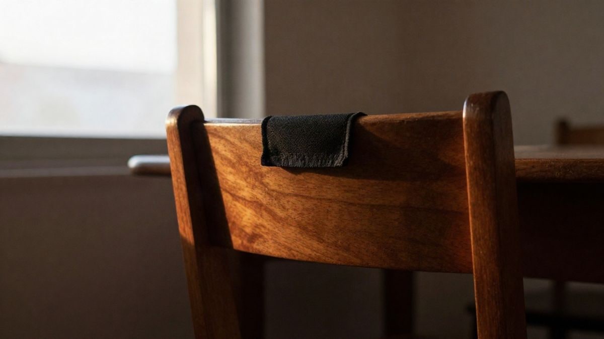 Imagen ilustrativa: silla de madera sobre el suelo de una sala vacía con un crespón negro en el respaldo