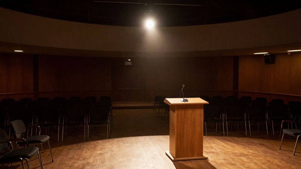 Imagen ilustrativa: sala de prensa vacía con un atril iluminado por un foco