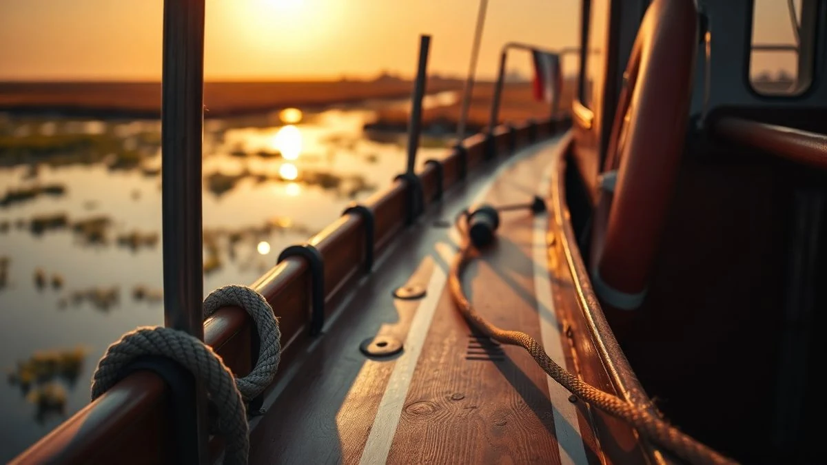 Primer plano de la cubierta de madera de una canoa con una cuerda enrollada y un salvavidas, al fondo las marismas del Odiel al atardecer