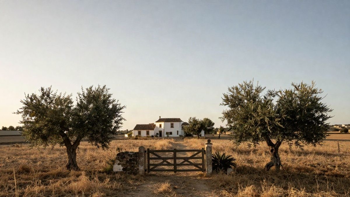 Imagen ilustrativa: un portón de madera en un campo andaluz al atardecer, con mucho espacio abierto alrededor
