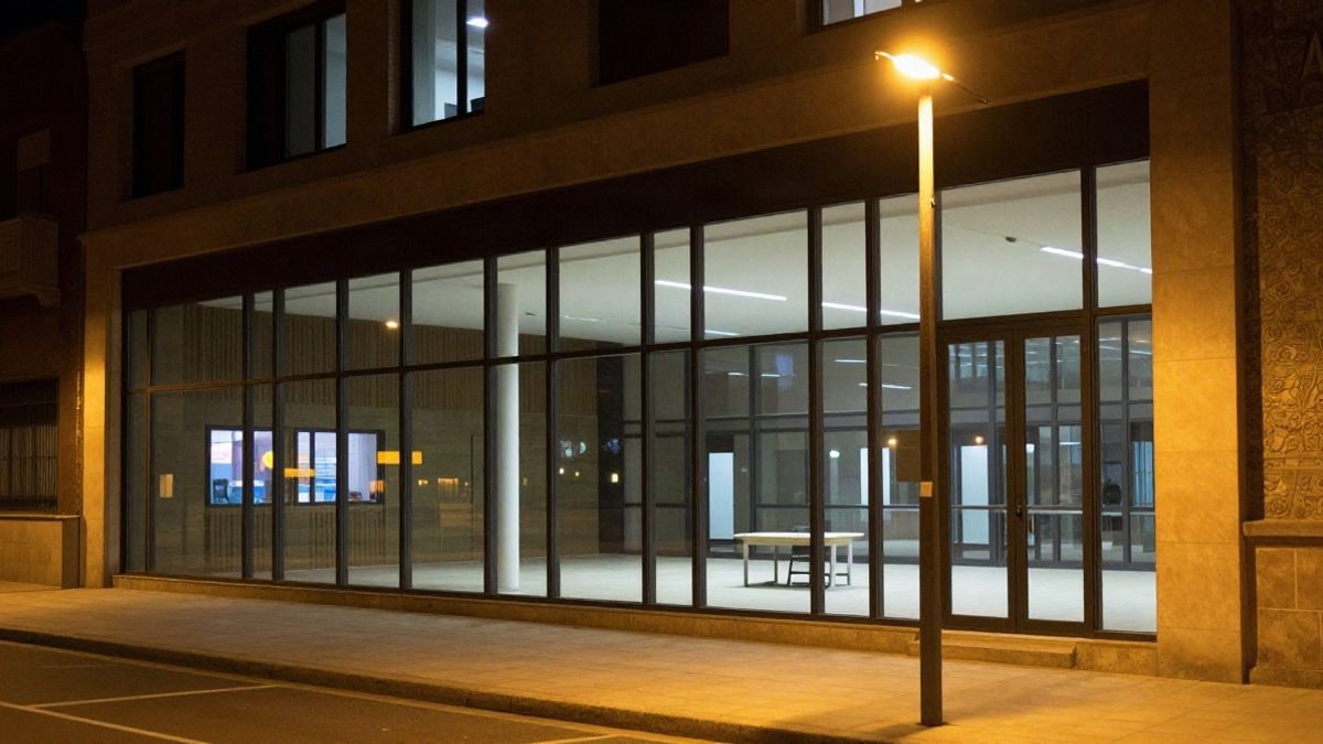 Imagen ilustrativa: fachada de un centro de innovación iluminada de noche con farolas
