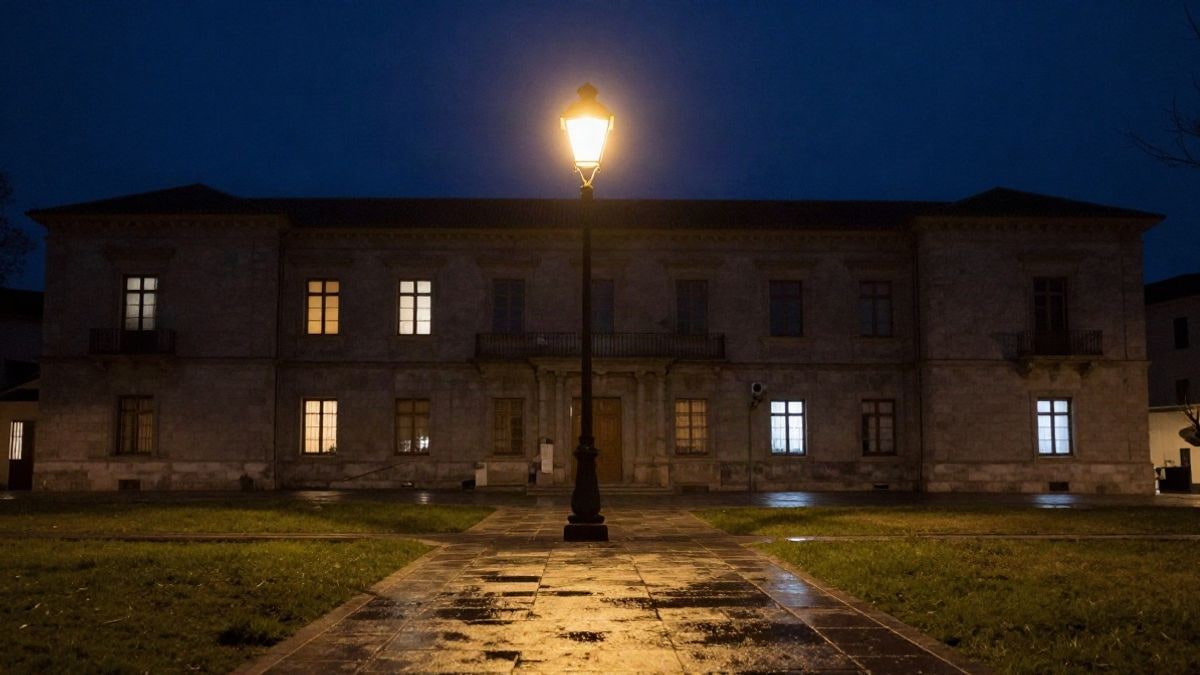 Imagen ilustrativa: un camino iluminado por una farola de noche junto a la fachada de un edificio universitario con ventanas encendidas