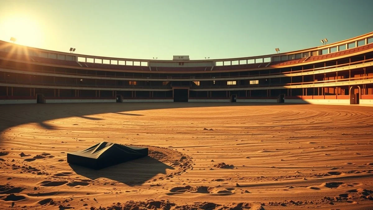 Imagen ilustrativa: una plaza de toros vacía al atardecer, con una capa de toreo sobre la arena y sombras alargadas.