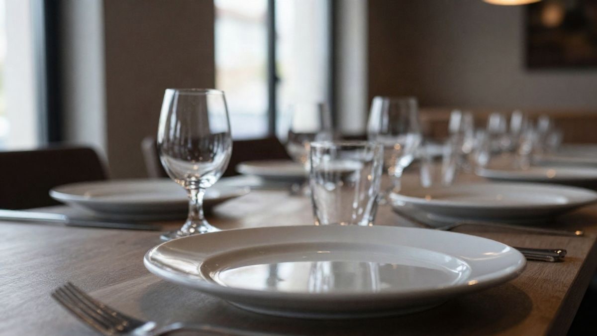 Imagen ilustrativa: mesa de restaurante con platos y vasos vacíos en un comedor cerrado al público