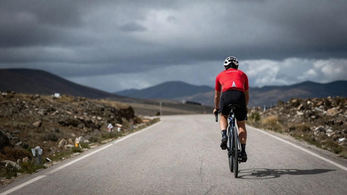 Imagen ilustrativa: ciclista en solitario subiendo un puerto de montaña, visto de espaldas y en la lejanía, con carretera y cielo dramático.