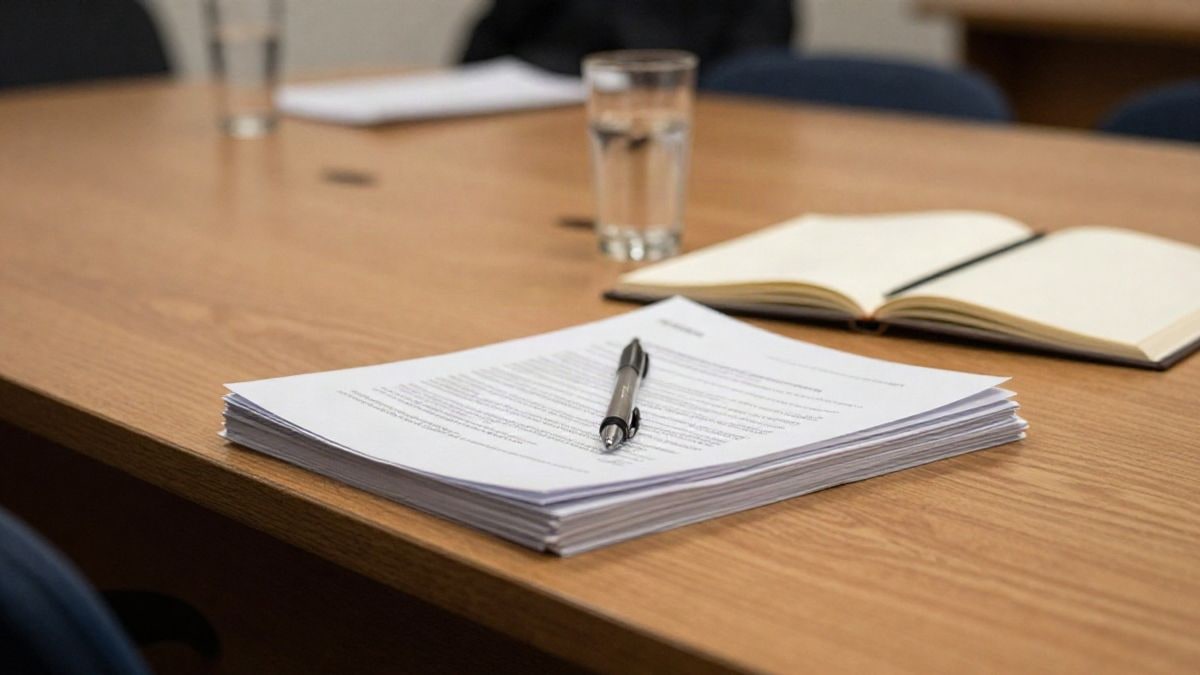 Imagen ilustrativa: mesa de madera con documentos apilados, un bolígrafo y una libreta abierta en una sala de reuniones