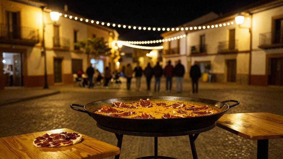 Imagen ilustrativa: plaza de un pueblo serrano iluminada por farolas y guirnaldas durante una verbena solidaria