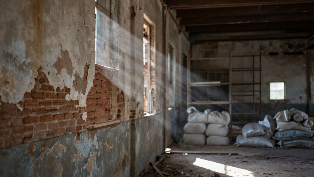 Imagen ilustrativa: interior en penumbra de una antigua nave industrial con muro de ladrillo y polvo suspendido en la luz.