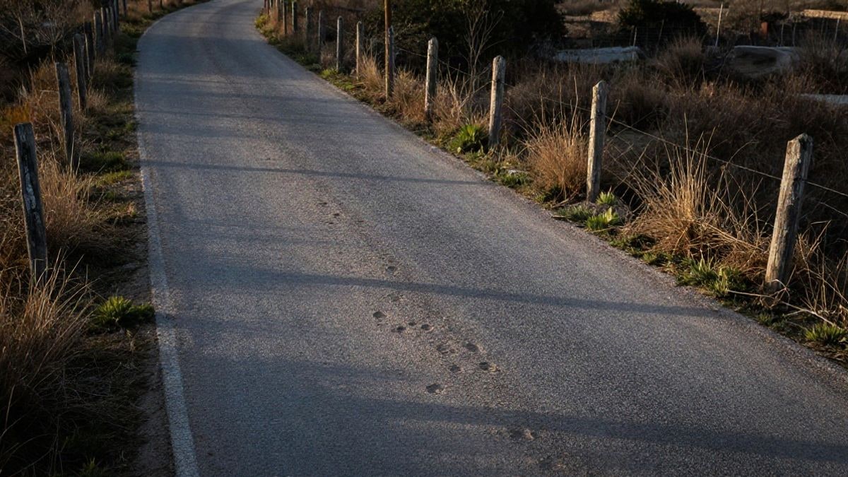 Imagen ilustrativa: vista cenital de una carretera rural flanqueada por una valla de madera al atardecer