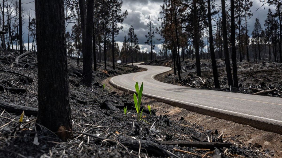 Imagen ilustrativa: carretera entre un bosque calcinado, con troncos quemados y brotes verdes