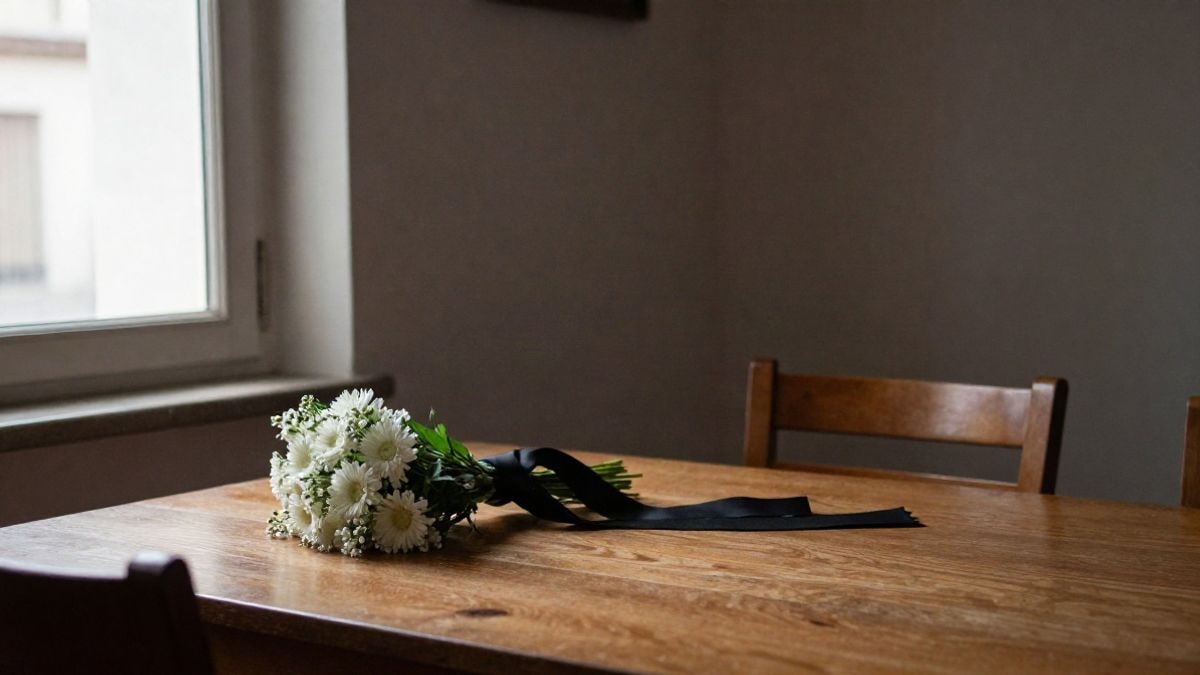 Imagen ilustrativa: mesa de madera con un pequeño ramo de flores blancas y una silla vacía junto a una ventana