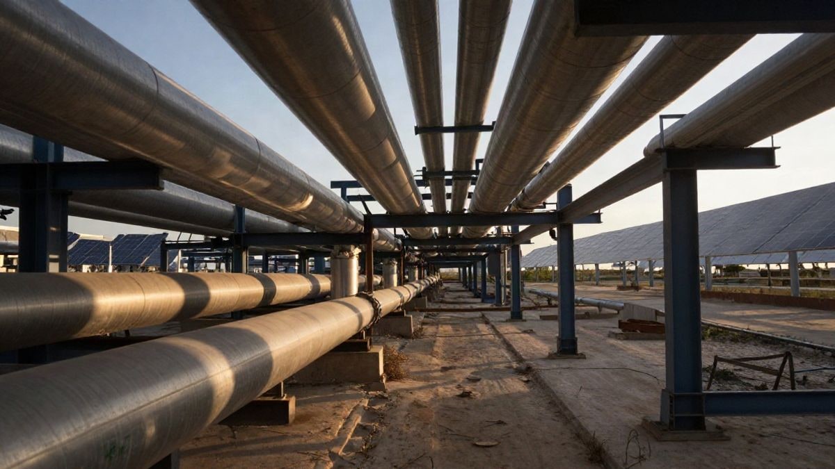 Imagen ilustrativa: tuberías industriales convergentes en una planta de energía renovable en construcción al atardecer