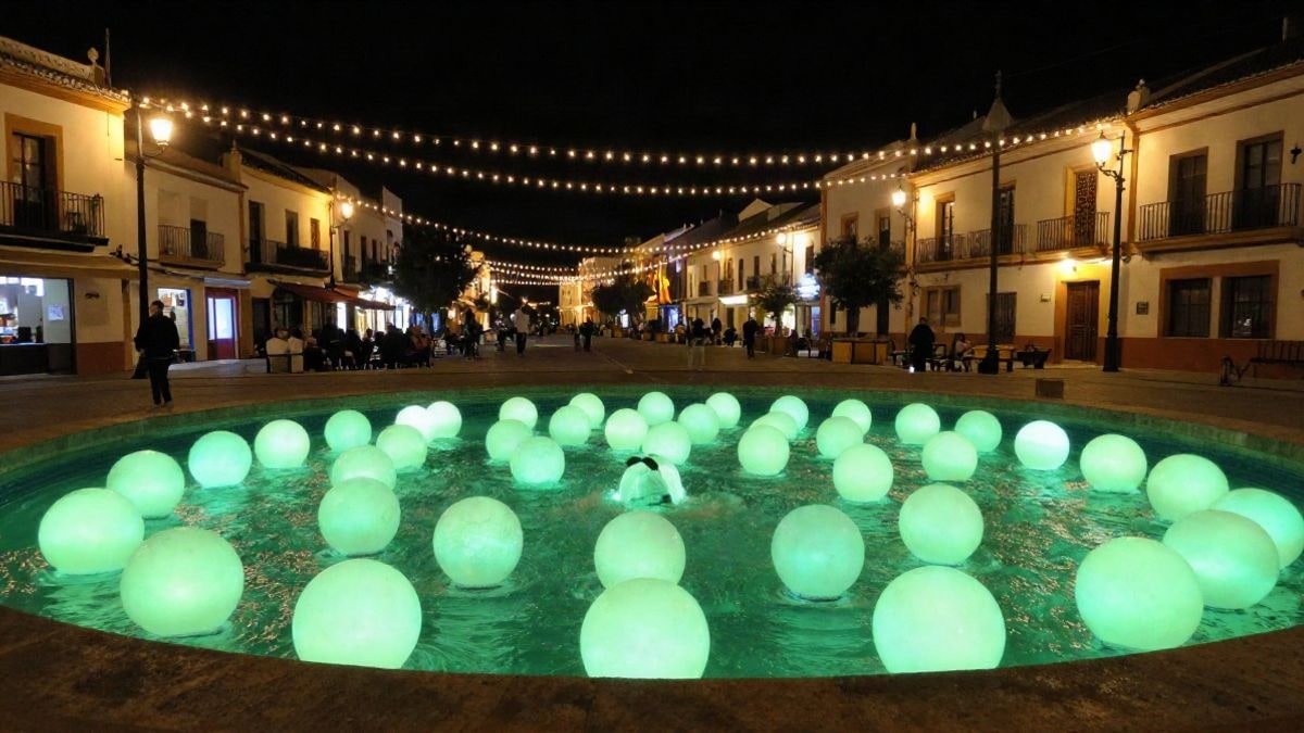 Imagen ilustrativa: plaza de un pueblo costero de noche con una piscina de bolas luminosas y luces de colores