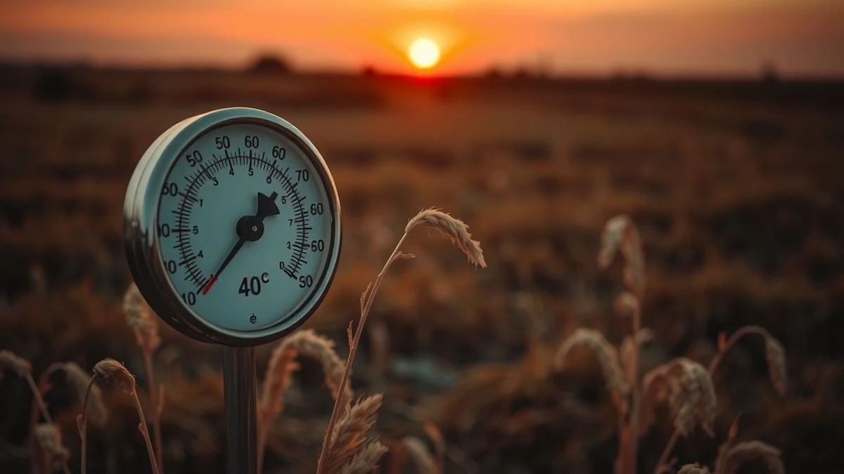 Termómetro marcando 40 grados en un paisaje rural al atardecer