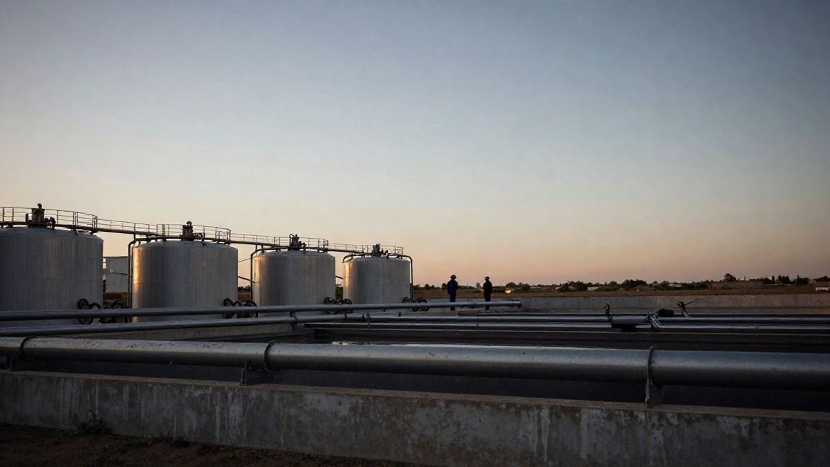 Imagen ilustrativa: vista de una planta de tratamiento de agua con tanques y tuberías al atardecer.