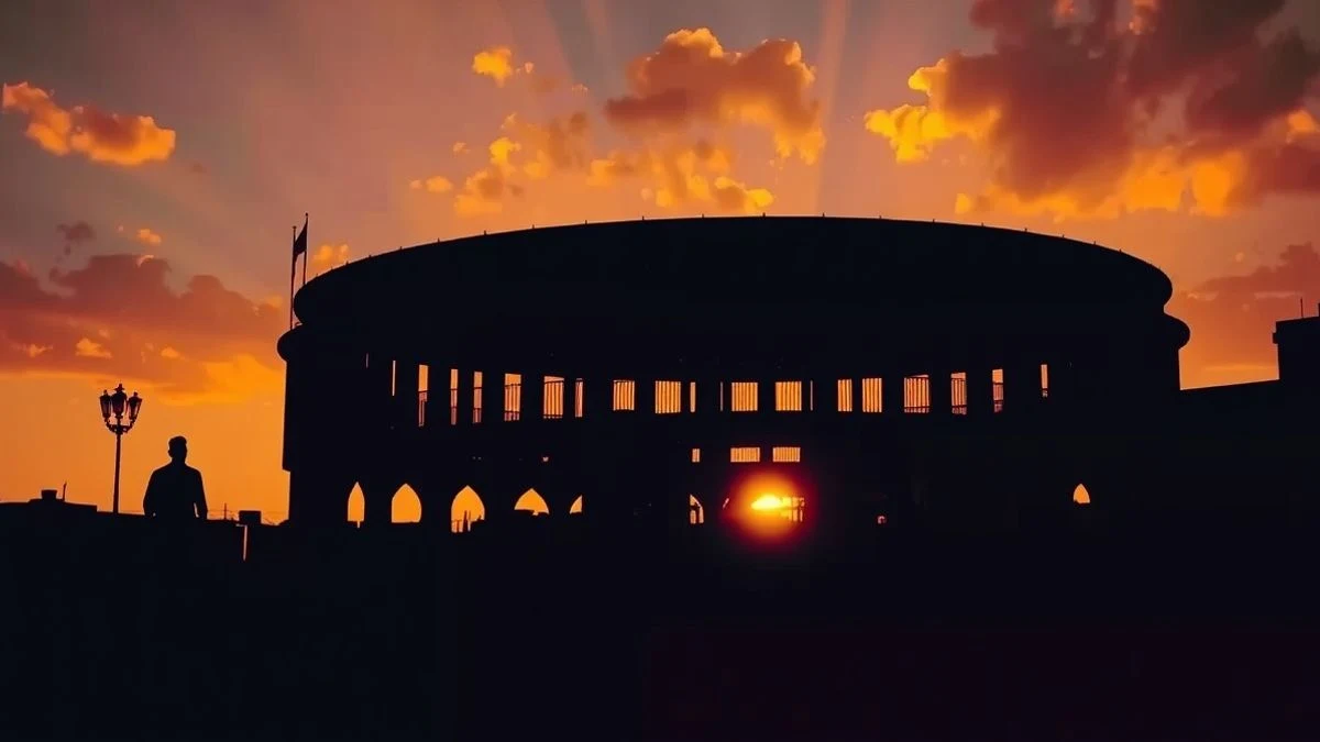 Imagen ilustrativa: silueta de una plaza de toros al atardecer, con sombras largas y un cielo anaranjado.