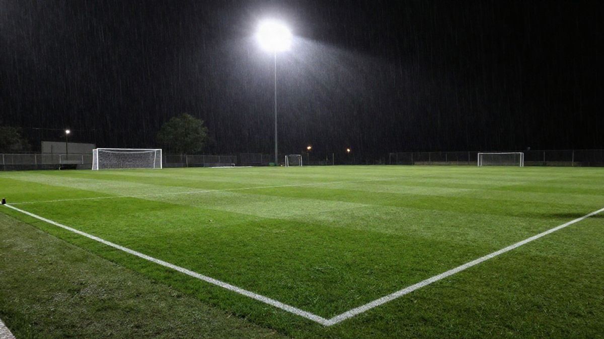 Imagen ilustrativa: estadio de fútbol de noche iluminado por focos