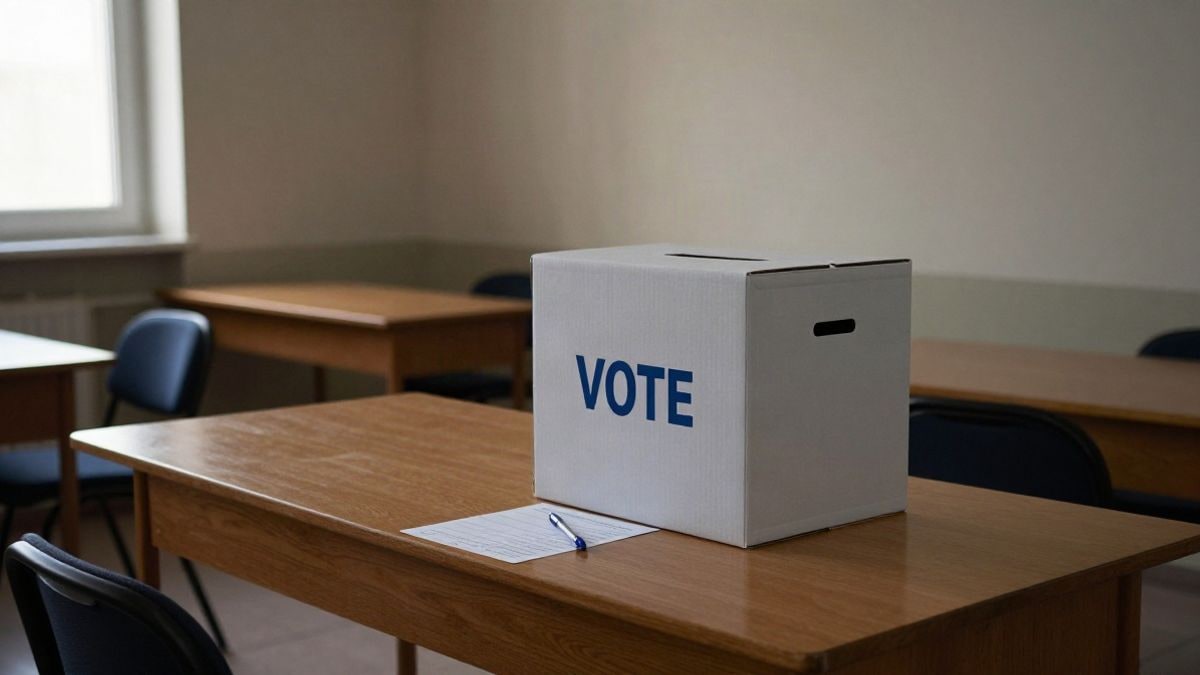 Imagen ilustrativa: interior de un colegio electoral con una urna y papeletas sobre una mesa