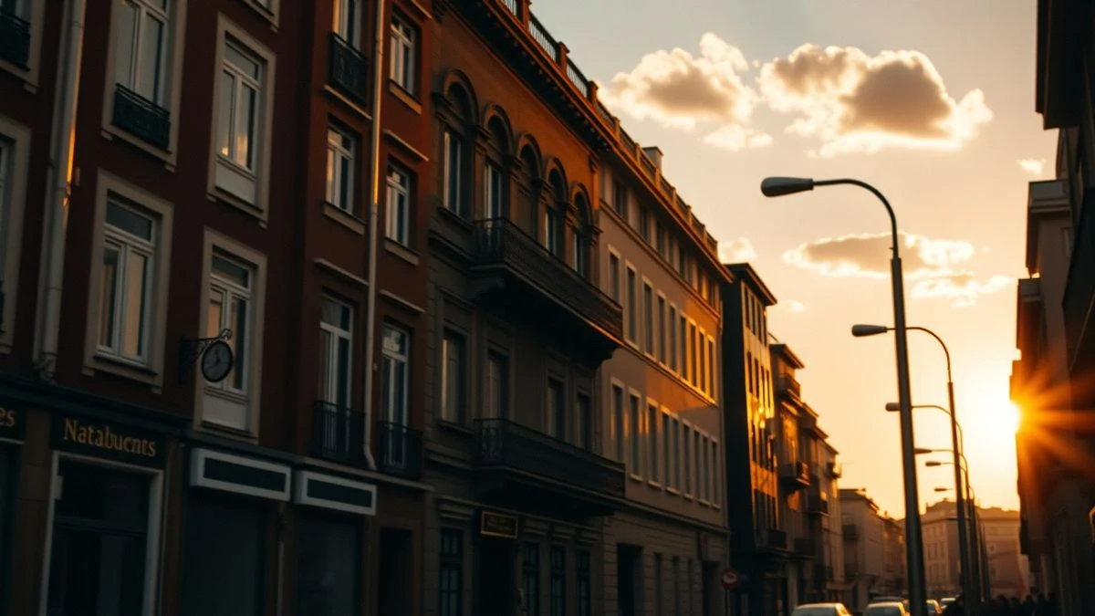 Calle de Huelva al atardecer con sombras largas y cielo despejado