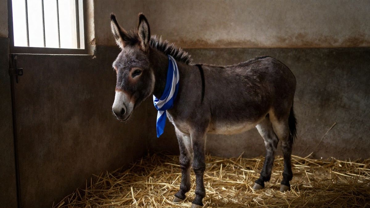 Imagen ilustrativa: un burro en un establo rústico con una bufanda blanquiazul al cuello y luz lateral de ventana