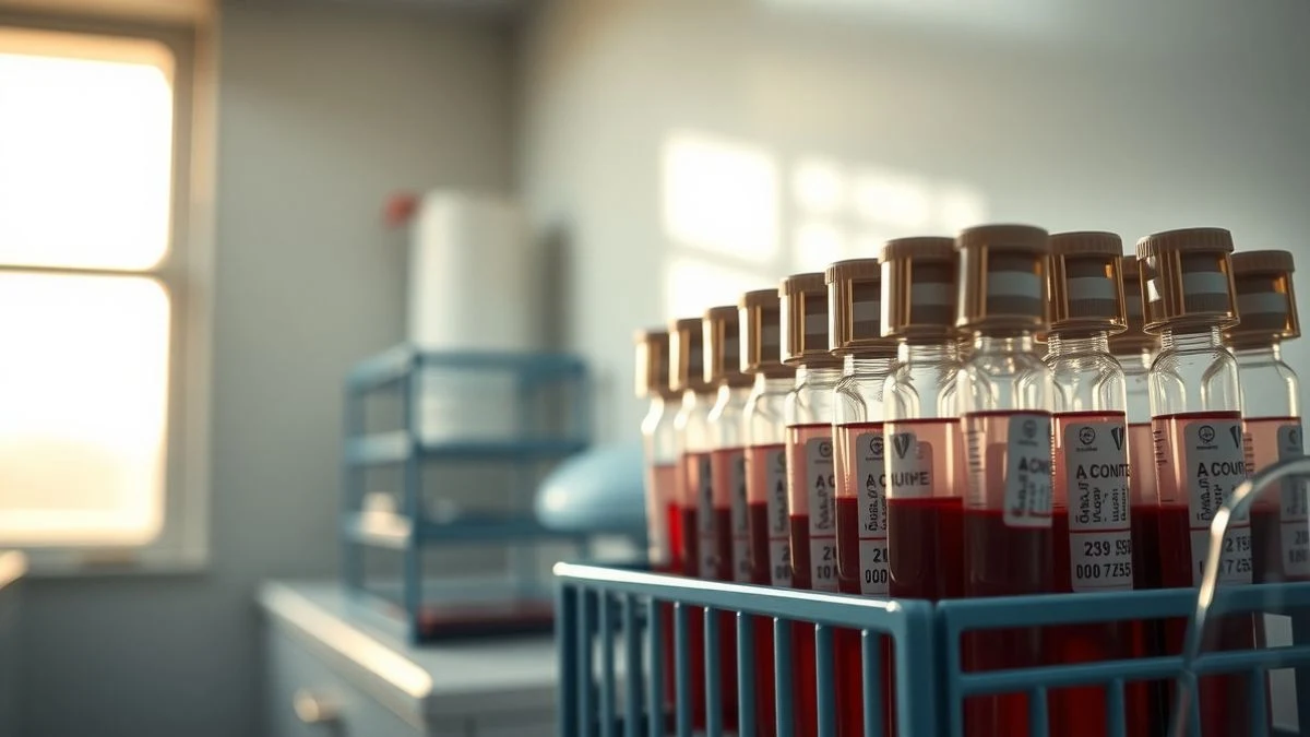 Imagen ilustrativa: un laboratorio clínico con tubos de análisis de sangre en una gradilla, iluminado por luz natural que entra por una ventana lateral.