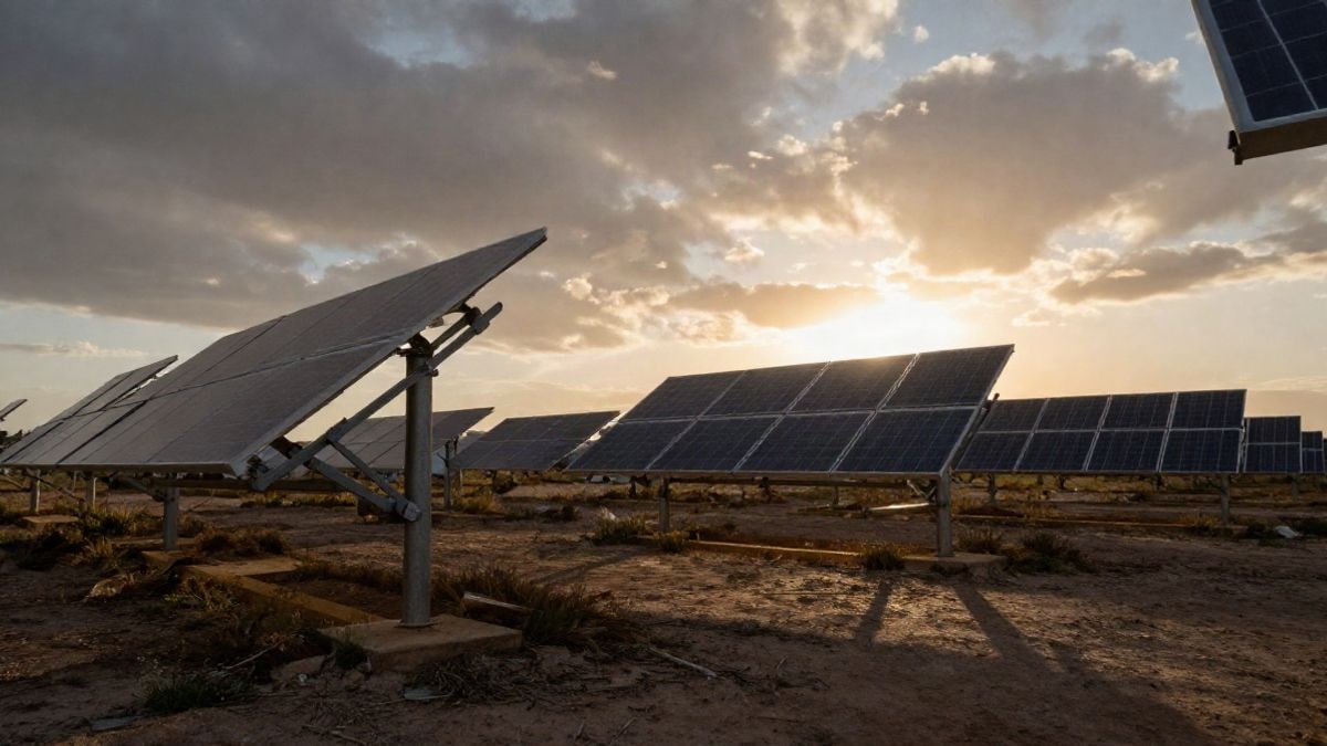 Imagen ilustrativa: filas de paneles solares sobre estructuras fijas vistas desde el suelo, con cielo de atardecer al fondo