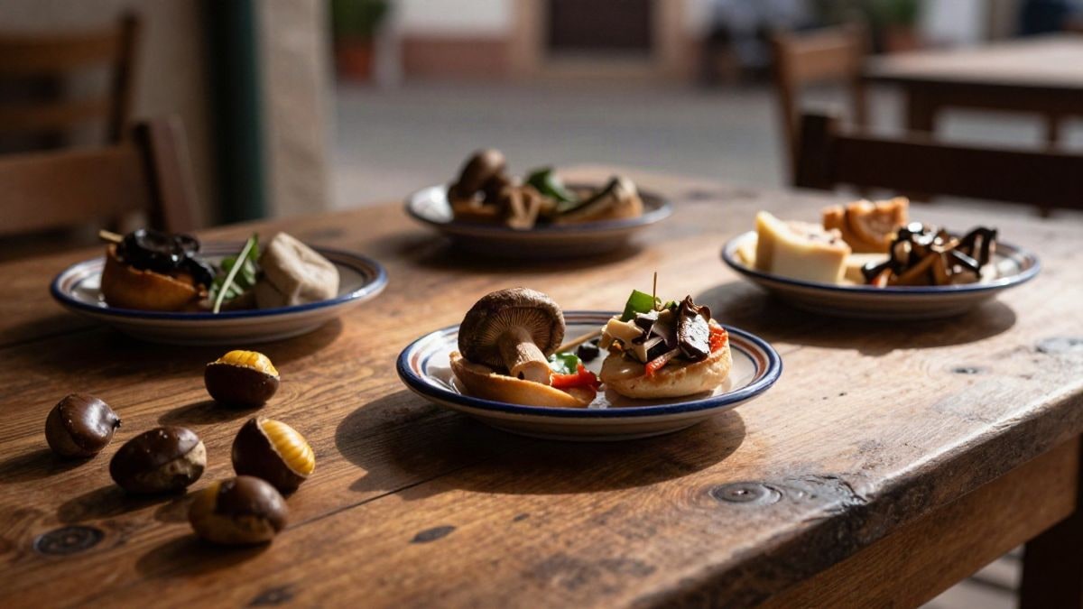 Imagen ilustrativa: detalle de una mesa de madera con platos de tapas y productos de temporada al sol