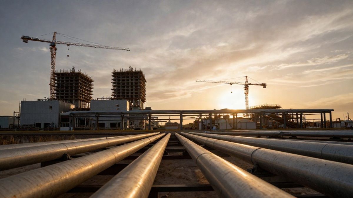Imagen ilustrativa: gran angular de una planta energética en construcción con líneas que convergen al atardecer