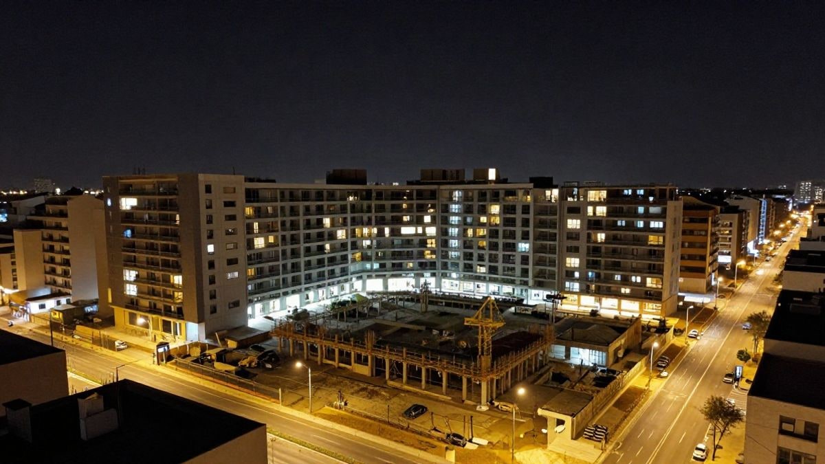 Imagen ilustrativa: edificio residencial en construcción de noche con luces artificiales
