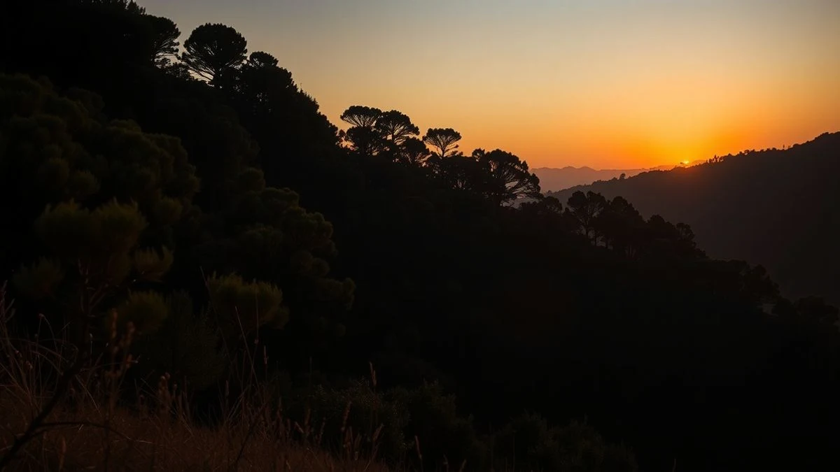 Atardecer en una ladera forestal con sombras largas y un resplandor anaranjado de incendio al fondo