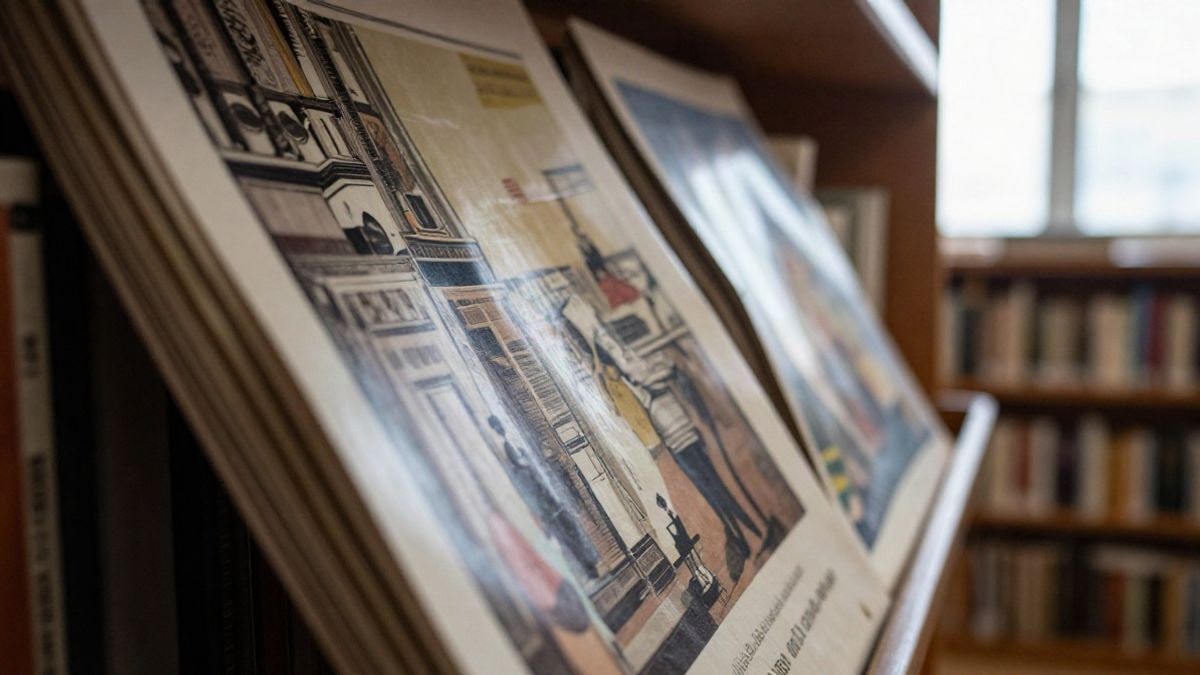 Imagen ilustrativa: primer plano de carteles ilustrados apoyados en una estantería de biblioteca con luz natural