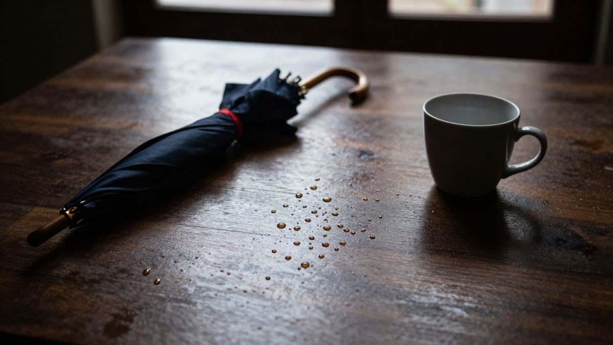 Imagen ilustrativa: gotas de lluvia sobre una mesa de madera oscura junto a un paraguas plegado