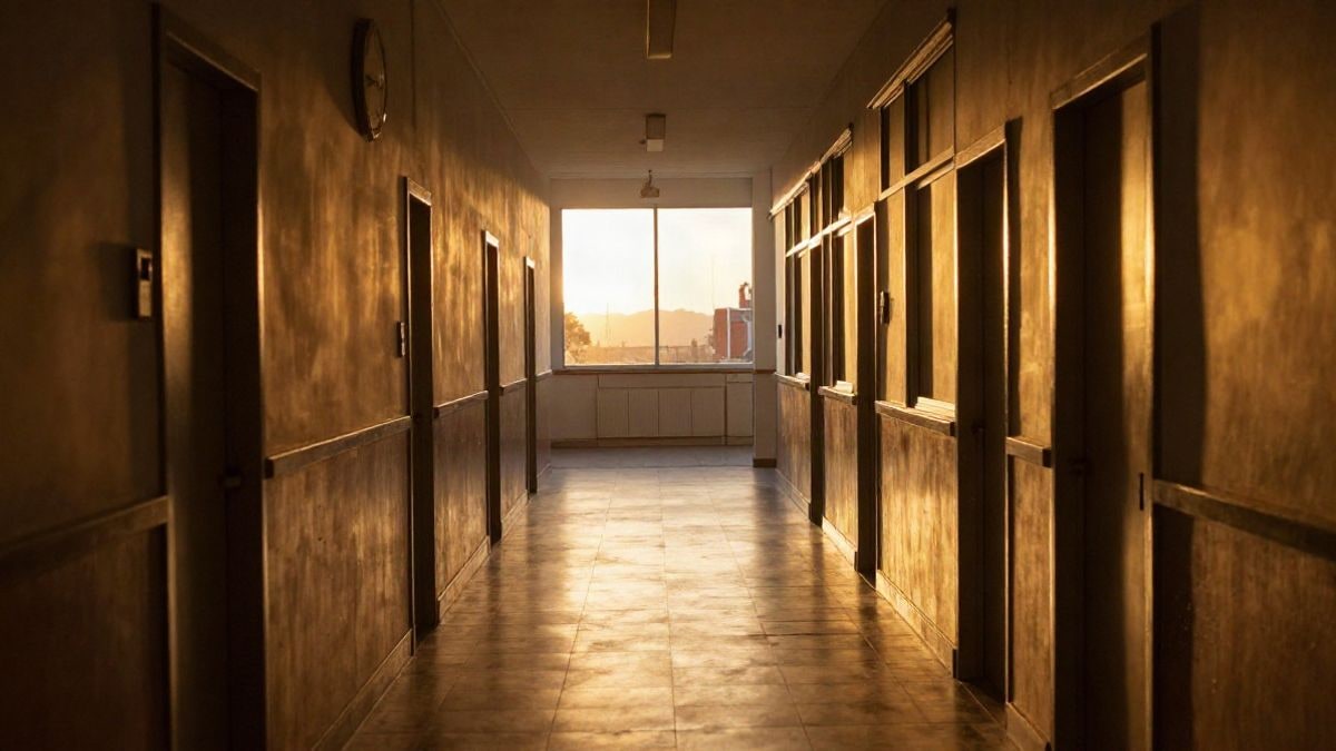 Imagen ilustrativa: pasillo de un centro educativo vacío al atardecer, con sombras alargadas y puertas cerradas