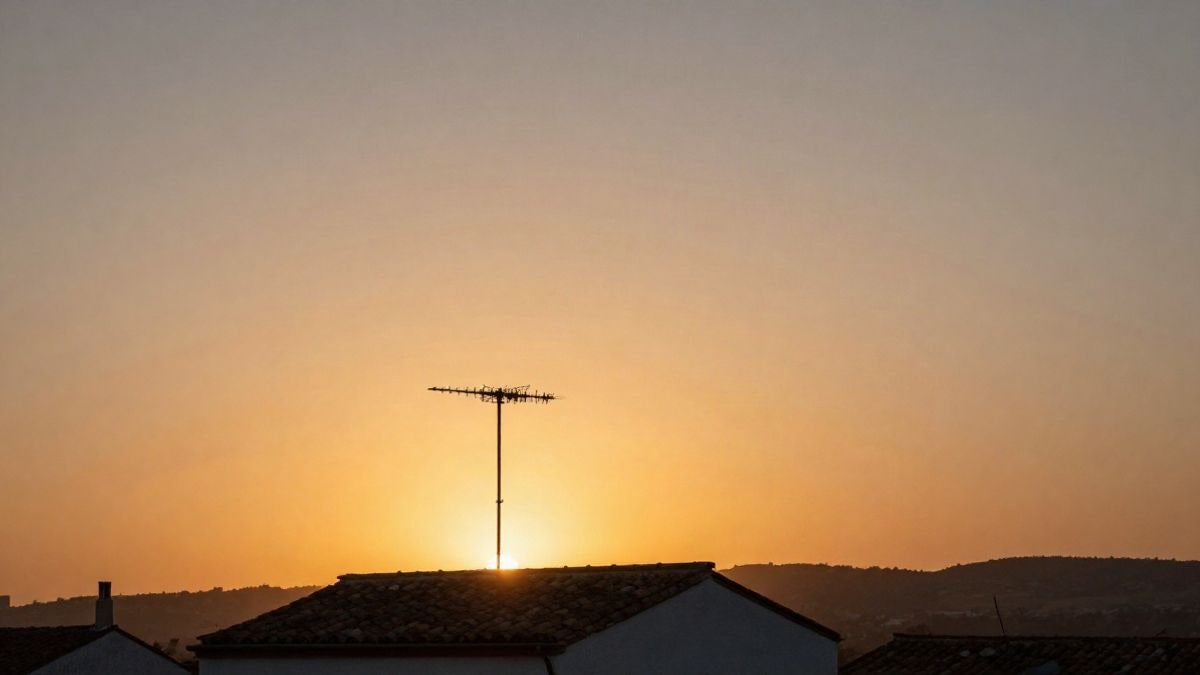 Imagen ilustrativa: antena de televisión en un tejado al atardecer con amplio cielo despejado