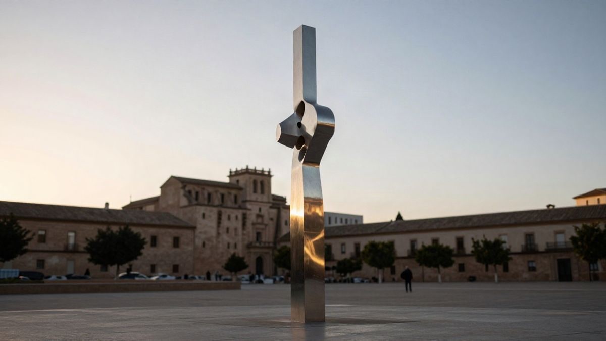 Imagen ilustrativa: escultura abstracta de acero pulido en una plaza al atardecer