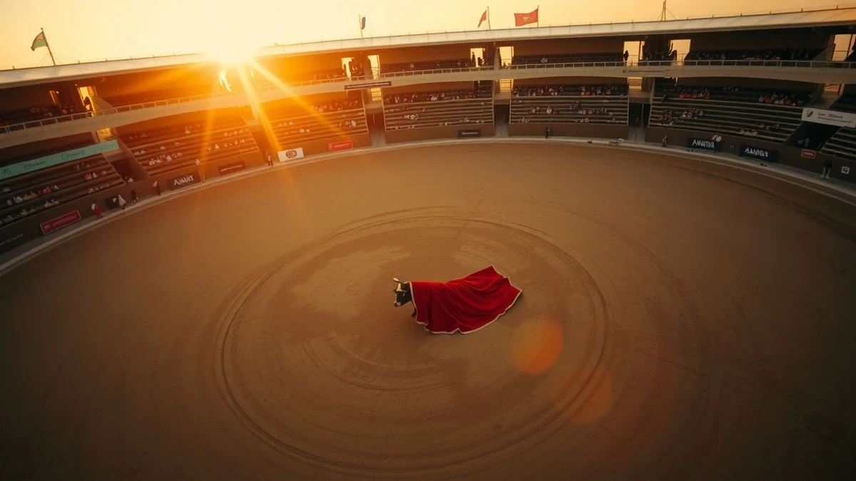 Imagen ilustrativa: vista aérea de una plaza de toros con un capote y banderillas sobre la arena al atardecer