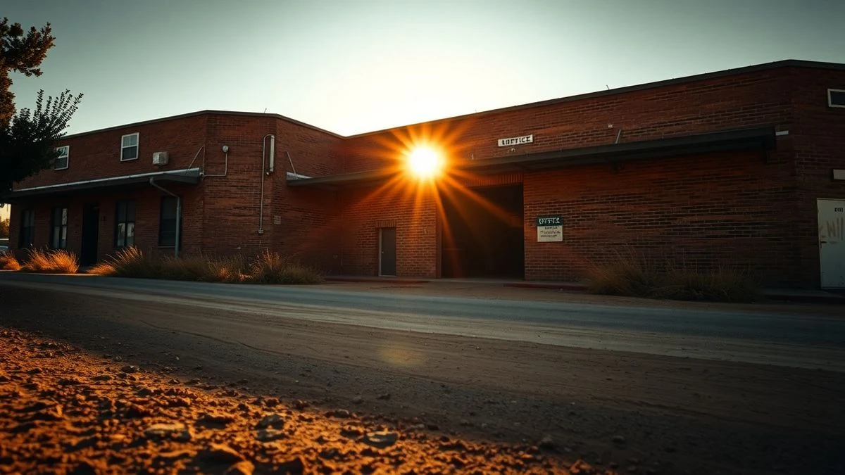 Fachada de antiguas oficinas mineras al atardecer, con sombras largas y una ventana iluminada