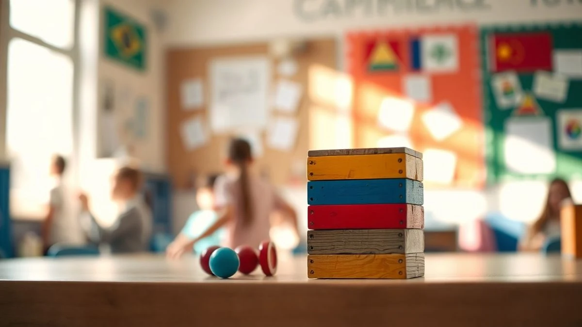 Bloques de madera de colores sobre una mesa en un aula soleada, con niños jugando al fondo desenfocados