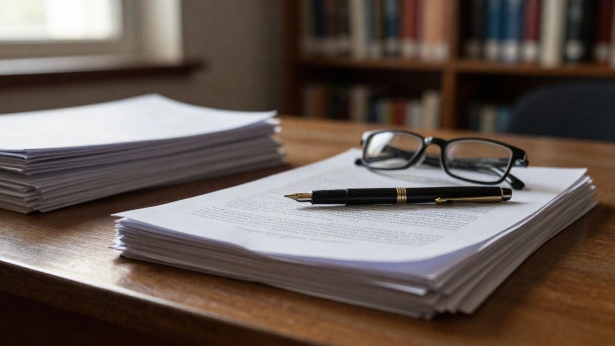 Imagen ilustrativa: un escritorio de madera con documentos y gafas en una oficina académica