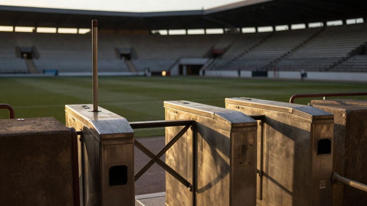 Imagen ilustrativa: un torno de acceso vacío a un estadio de fútbol con luz cálida de atardecer