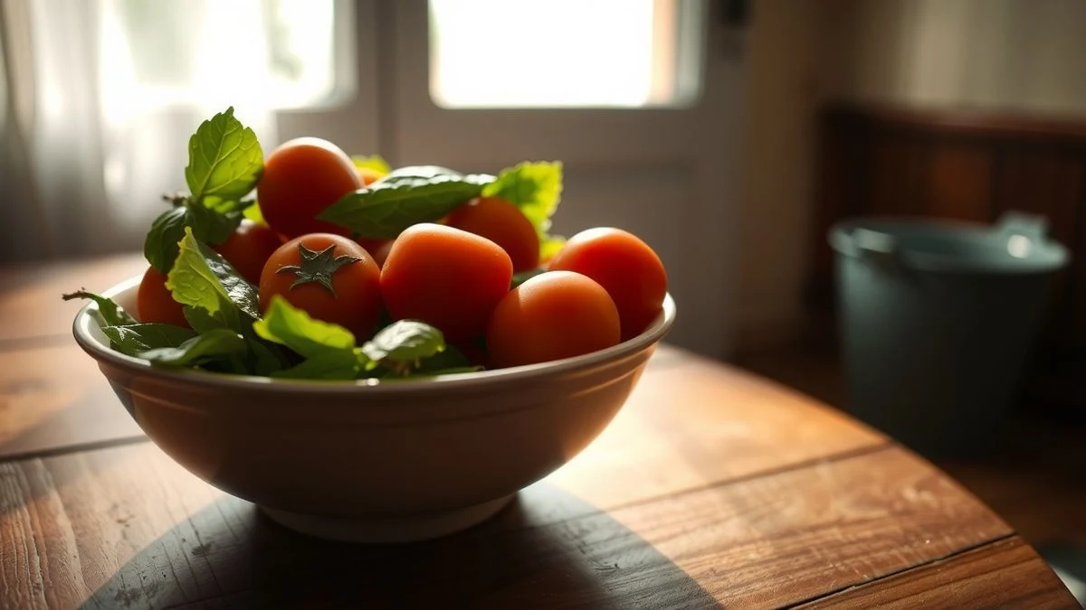 Bol de fresas frescas sobre una mesa de madera con luz de ventana lateral
