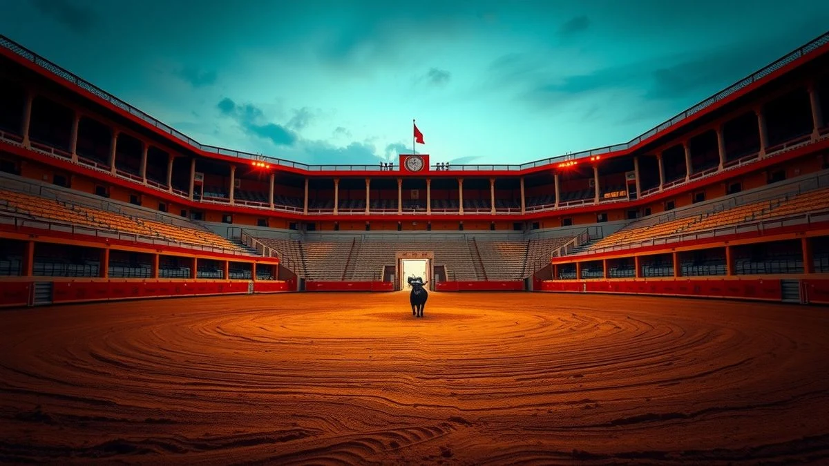 Imagen ilustrativa: una plaza de toros vacía al atardecer, con la arena iluminada y un toro en la lejanía.