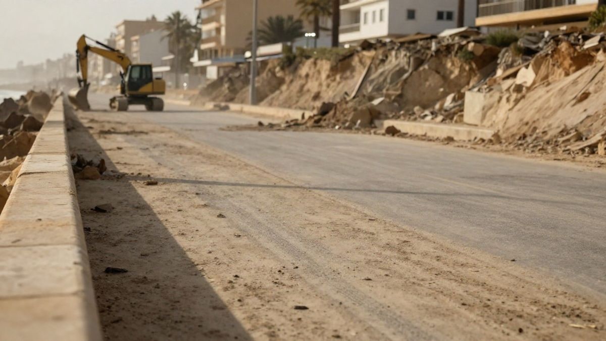 Imagen ilustrativa: una calle costera cubierta de arena con una excavadora trabajando al fondo