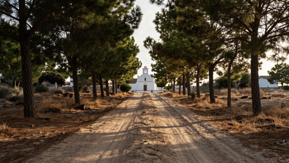 Imagen ilustrativa: camino de arena entre pinos al atardecer con líneas que convergen hacia una capilla blanca al fondo