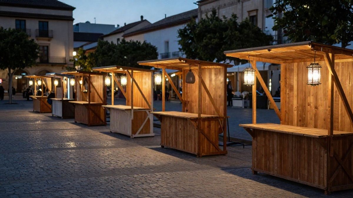 Imagen ilustrativa: un mercado artesanal al aire libre al atardecer con puestos de madera y farolillos