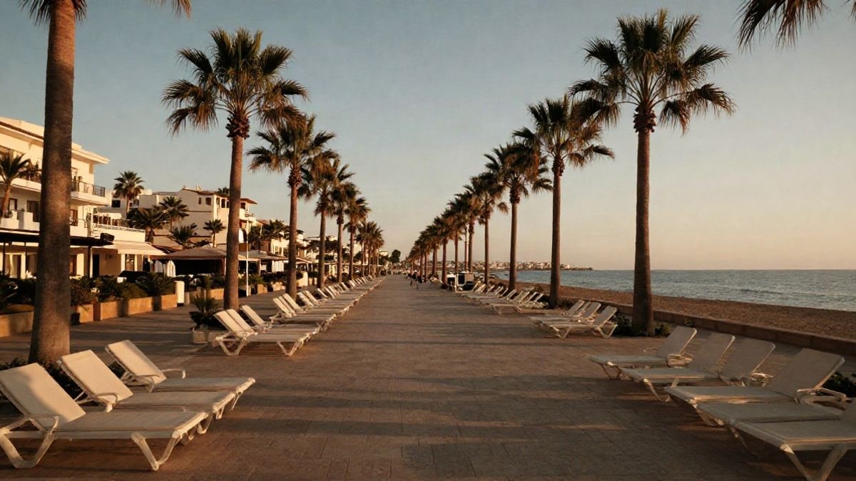 Imagen ilustrativa: paseo costero con tumbonas vacías y palmeras al atardecer