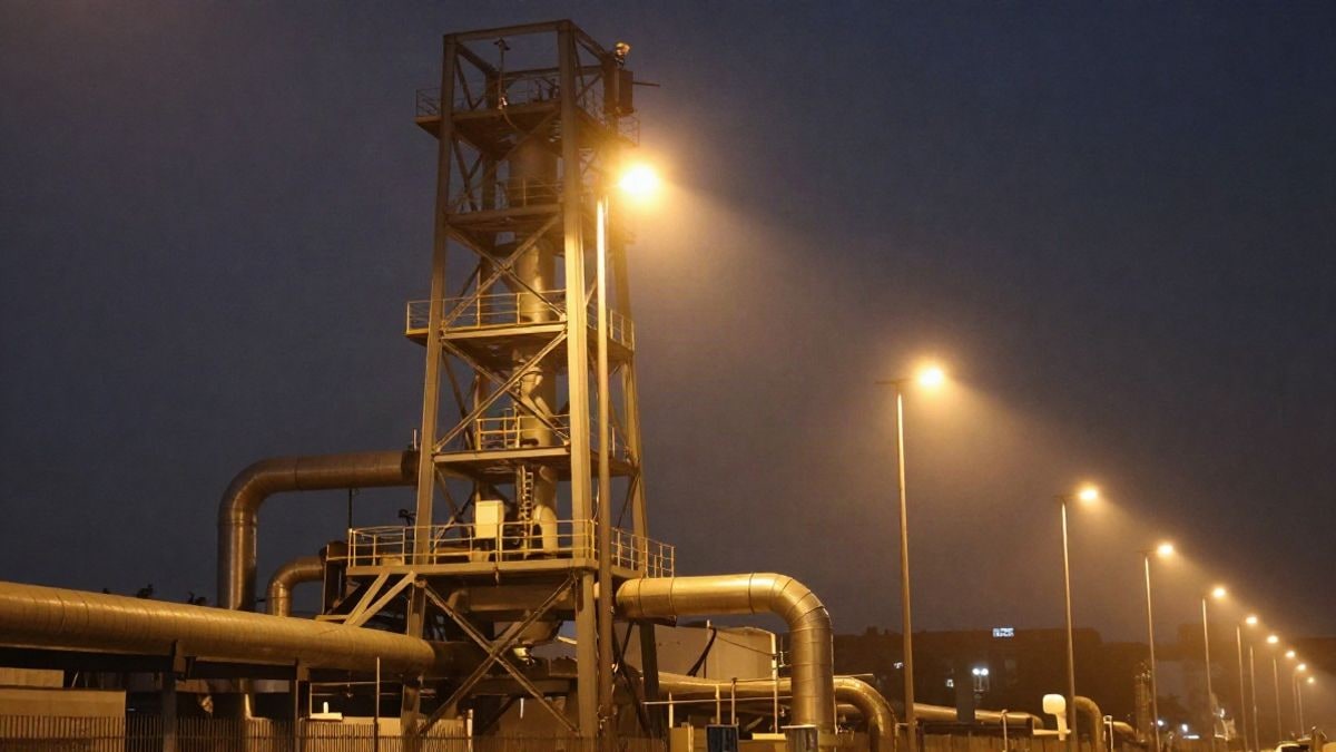 Imagen ilustrativa: torre industrial de acero iluminada con luz artificial cálida en una escena nocturna
