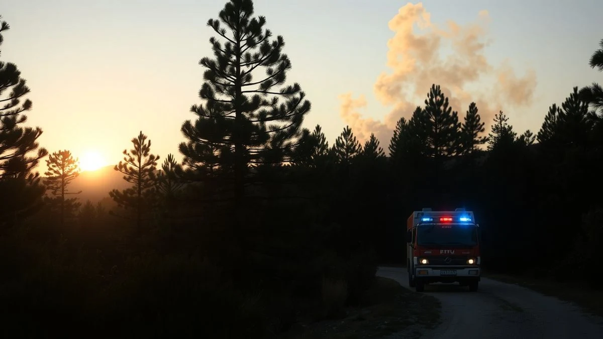 Imagen ilustrativa: columna de humo en un pinar al atardecer con un camión de bomberos en un camino de tierra.